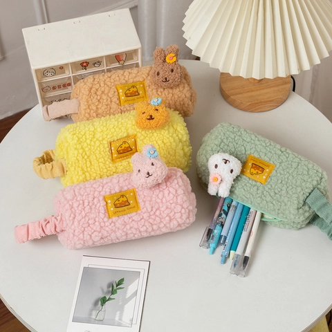 Kawaii Plush Lamb Wool Pencil Case Large Capacity Portable Stationery Storage Bag 3D Animal School Supplies For Girls