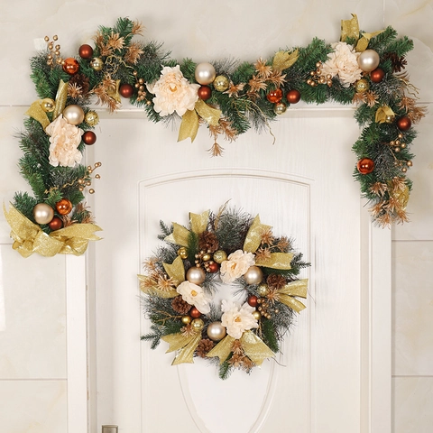 Guirnalda De Navidad Aguja De Pino Cono Flor Artificial Ornamento Luz LED Hogar Fiesta Puerta Pared Decoración Elegante Dorado PVC Ratán