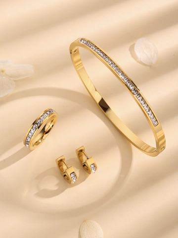 Titansihrer Schmuck Quadratische Zirkonia Armreif Und Ring Und Ohrringe Minimalistischer Luxus Elegant Damen Mode