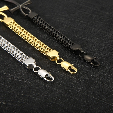 Bracciale Croce Ankh Egizia Acciaio Inossidabile Doppia Fila Catena Intrecciata Hip Hop Punk Gioielli Uomo