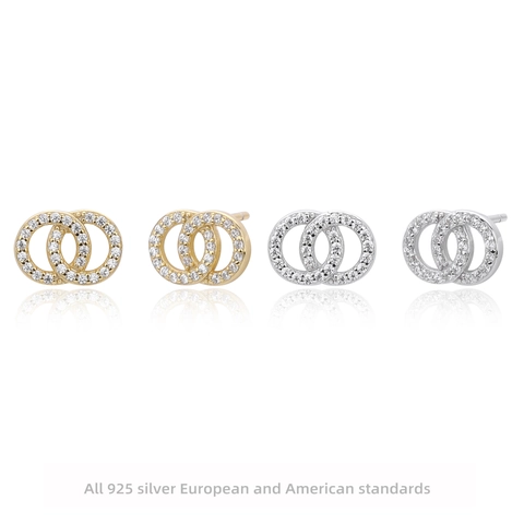 925 Sterling Silver Interlocking Double Ring Stud Earrings For Women Zirconia Micro-Pave Geometric Simple Fashion Jewelry Gift