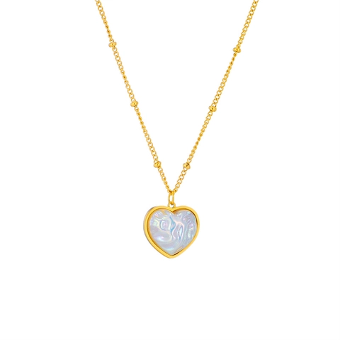 Heart Pendant Necklace And Earrings Vintage Gold Color Stainless Steel Mother Of Artificial Pearl Texture For Women