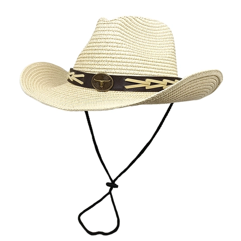 Western Cowboy Straw Hat Woven Wide Brim Sun Hat With Bull Head Badge Leather Belt Adjustable Rope Vintage Beach Jazz Hat