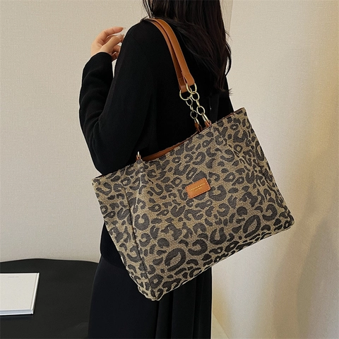 Leopard Houndstooth Checkered Canvas Tote Bag Large Capacity PU Leather Strap Metal Chain Retro Style Women Bag