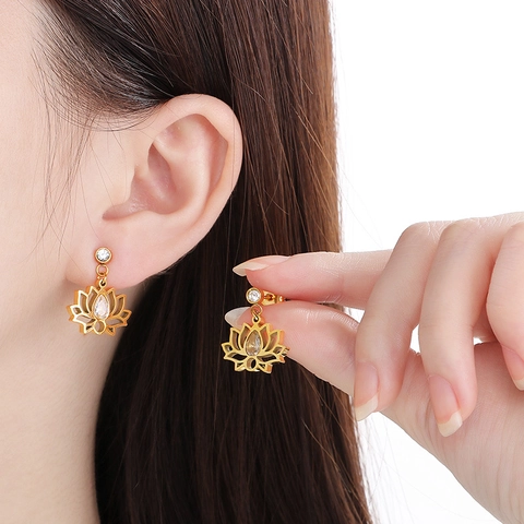 Pendientes De Gota Flor De Loto De Acero Inoxidable Zircon Incrustado Pétalos Huecos Joyería Floral Para Mujeres