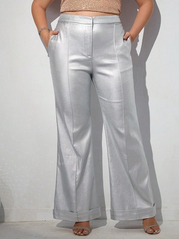 Pantaloni Larghi Argento Metallizzato Taglie Forti Donna Vita Alta Lucidi Riflettenti Dritti Streetwear Festa Club