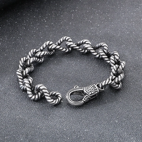 Pulsera De Cadena De Cuerda Trenzada Retro Para Hombre Acero De Titanio Cierre De Langosta Grabado Joyería Punk
