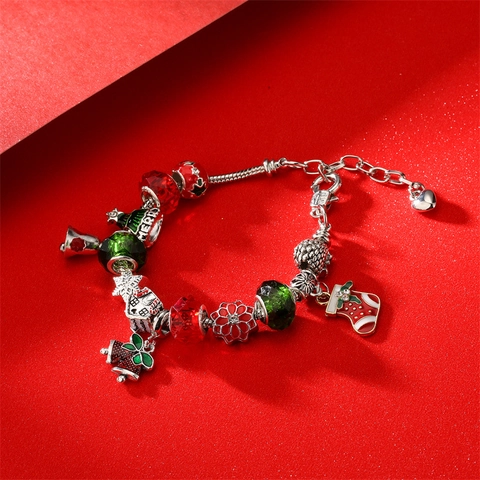 Bracelet À Breloques De Noël Alliage Perles En Verre Chaîne Serpent Bijoux De Fête Émail Bonhomme De Neige Flocon De Neige