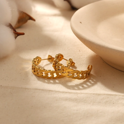Boucles D'oreilles Créoles En Forme De C Plaqué Or 18K Acier Inoxydable Design Maillons Chaîne Bijoux Pour Femmes