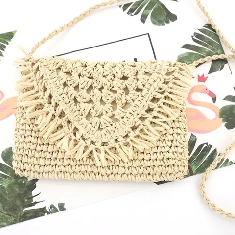 Handmade Straw Woven Crossbody Bag Paper Rope Knitted Shoulder Purse With Fringe Tassel Summer Beach Vacation For Women
