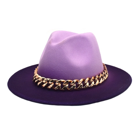 Fedora Hat Woolen Felt Contrast Color Gradient Wide Brim Gold Metal Chain Jazz Cap For Women Men