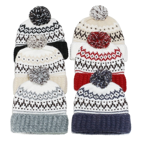 Fair Isle Geometric Jacquard Knitted Beanie Hat With Pom-Pom Winter Warm Acrylic Cuffed Skull Cap For Women