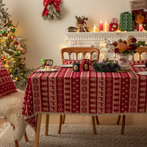 Nappe De Noël Jacquard De Polyester Motifs Rennes Flocons Cloches Couverture De Table Décorative Avec Glands Pour Fête