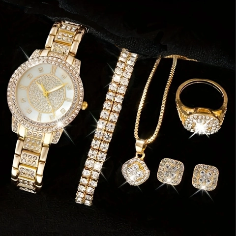 Luxury Rhinestone Women Watch Alloy Bracelet Necklace Earrings Ring Shiny Quartz Roman Numerals Fashion Elegant