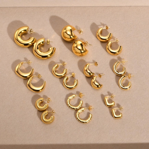 Chunky Hoop Ohrringe Für Damen Edelstahl IP Vergoldung C-Form Geometrisch Hohl Hochglanzpoliert Moderner Schmuck