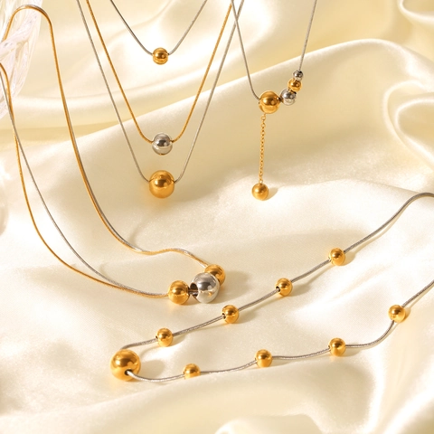 Stainless Steel Pendant Necklace Dual Tone Gold And Silver Snake Bone Chain Minimalist Beads Jewelry For Women