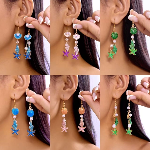 Boucles Oreilles Pendantes Thème Océan Alliage Émail Étoile Mer Conque Coquillage Künstliche Perle Bijoux Vacances Plage Avec Earring Post En Cuivre