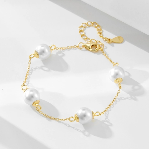 925 Sterling Silver Gold Plated Bracelet For Women With Artificial Pearls Elegant Minimalist Jewelry Adjustable Chain Gift