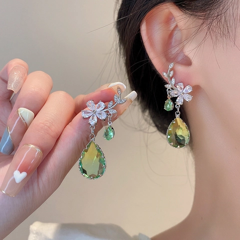 Boucles D'oreilles Vintage Fleur Feuille Goutte D'eau Cuivre Zircon Avec Tige En Argent Sterling 925 Élégant Pour Femme
