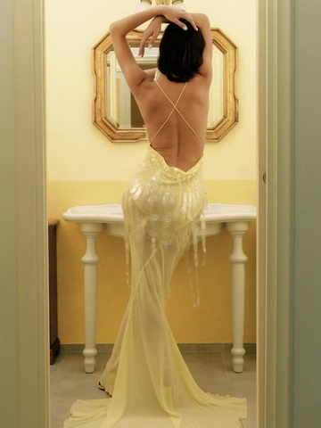 Sequined V Neck Backless Maxi Dress Tulle Spaghetti Strap Sexy Sleeveless Party Evening Gown For Women Elegant