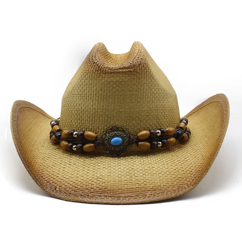 Western Cowboy Straw Hat With Beaded Band Turquoise Accent Wide Brim Sun Protection Bohemian Vintage Beach Travel For Women Men