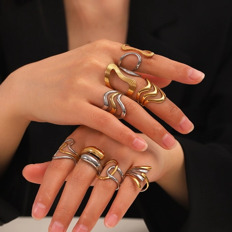 Stainless Steel Open Ring For Women Irregular Geometric Wave Liquid Minimalist Gold Silver Color Block Adjustable