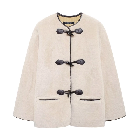 Women Fashion Faux Fur Coat With Toggle Buttons Winter Round Neck Long Sleeve Warm Solid Color Mid Length Jackets Outerwear