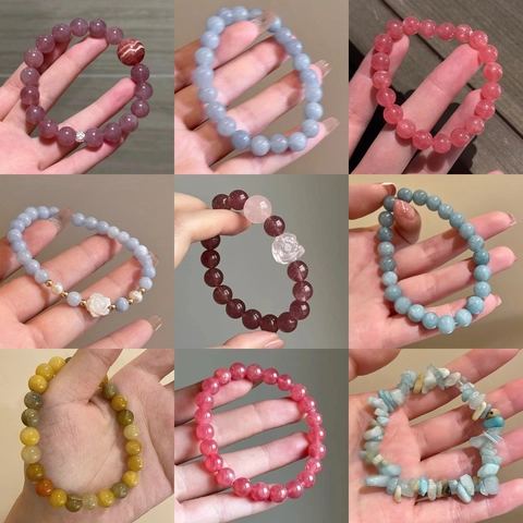 Natural Stone Beaded Bracelet Crystal Strawberry Quartz Agate Freshwater Pearl Sterling Silver Handmade Elastic Jewelry For Women Versatile