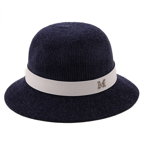 Women Chenille Knit Bucket Hat Warm Winter Cloche Hat Ribbon Trim Metal Letter Decor Vintage Elegant Short Brim