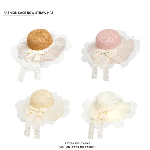 Women Wide Brim Straw Hat With Lace Bow Organza Mesh Detail UPF Sun Protection Summer Beach Holiday Travel Foldable