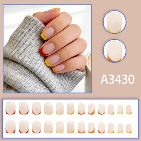 Unghie Finte Press On Stile Francese Quadrate Arrotondate Punte Colorate Strumento Manicure Artificiale Elegante Donna