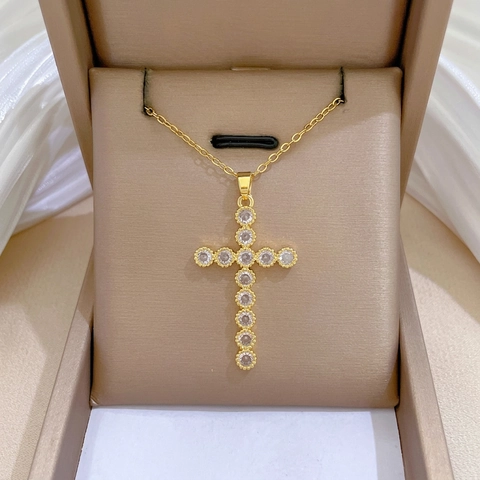 Collana Con Pendente A Croce Placcata Oro Acciaio Inossidabile Rame Zirconia Cubica Gioielli Eleganti Per Donna