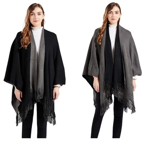 Damen Doppelseitig Gestrickter Poncho Schal Einfarbig Troddel Warm Winter Kettengewirkt Cape Wrap Casual Mode Streetwear