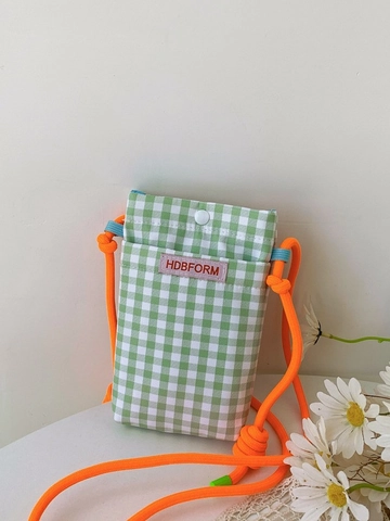 Gingham Check Canvas Phone Crossbody Bag Mini Square Shoulder Purse With Contrast Knot Rope Strap Casual Fashion For Women