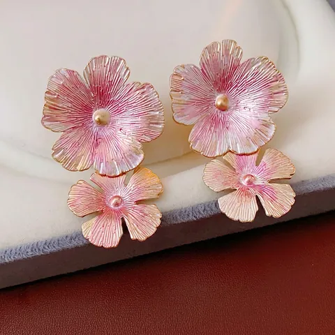 Vintage Pink Gradient Enamel Flower Drop Earrings For Women Elegant Alloy Jewelry With Silver Earring Post