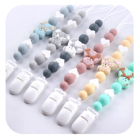 Silicone Baby Pacifier Clip Chain Cartoon Bear Heart Beads Soothing Teether Toy Anti-Drop Holder For Newborns Infants
