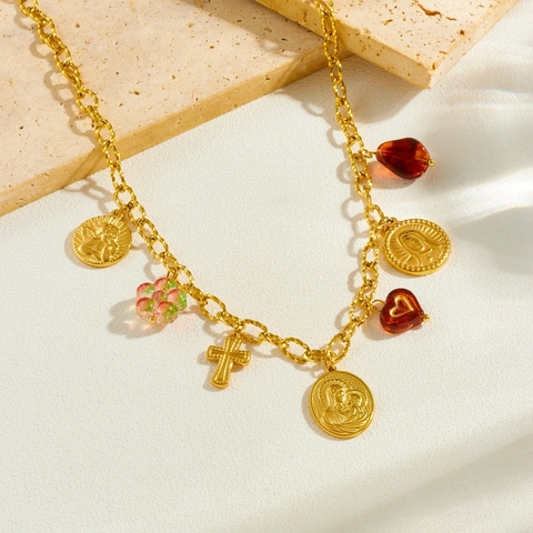 Gioielli Collana E Bracciale In Acciaio Inossidabile Placcato Oro Vintage Con Ciondoli Religiosi Moneta Croce Cuore Fiore Per Donna
