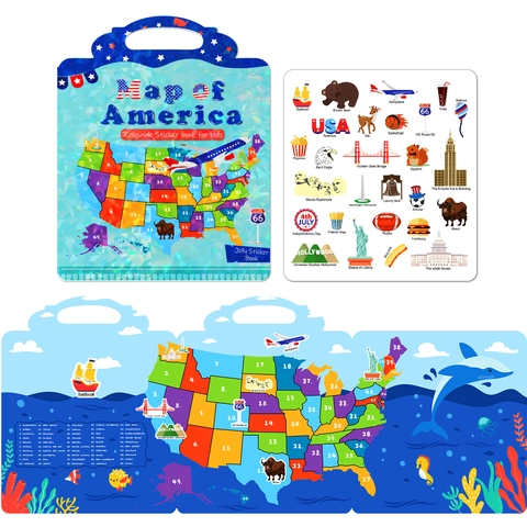 Children Reusable Jelly Sticker Book Map Of America Theme Educational Early Learning Portable Washable Cartoon Map Toy For Toddlers