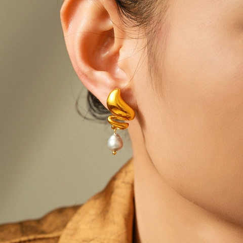 Orecchini A Goccia A Spirale Acciaio Inossidabile Placcato Oro 18K Perla D'acqua Dolce Vintage Francese Elegante Per Donne