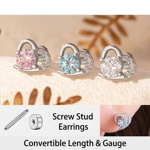 Heart Cartilage Stud Earrings Titanium Steel Zirconia Inlaid Screw Back Flat Disk Piercing Jewelry Women Girls Romantic