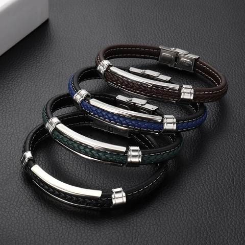 Men Braided Microfiber Leather Bracelet With Stainless Steel Polished ID Bar Magnetic Clasp Multi Layer Jewelry Gift Simple Style