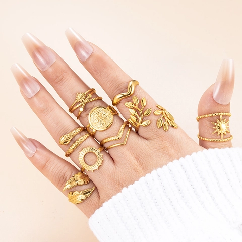 Stainless Steel Open Adjustable Ring Gold Plated Starburst Snake Leaf Geometric Minimalist Fashion Jewelry For Women