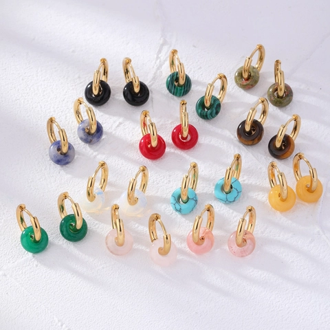 Donut Natural Stone Hoop Earrings Stainless Steel Huggie Retro French Style Geometric Jewelry For Women Vintage Elegant
