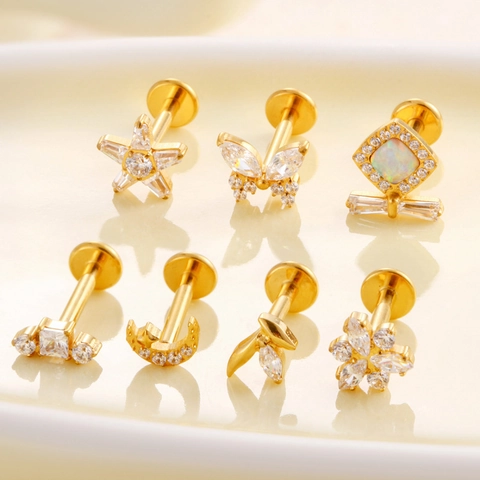 Stud De Labret En Titane À Filetage Interne Avec Papillon Étoile Lune En Zircon Bijoux De Piercing Pour Tragus Helix