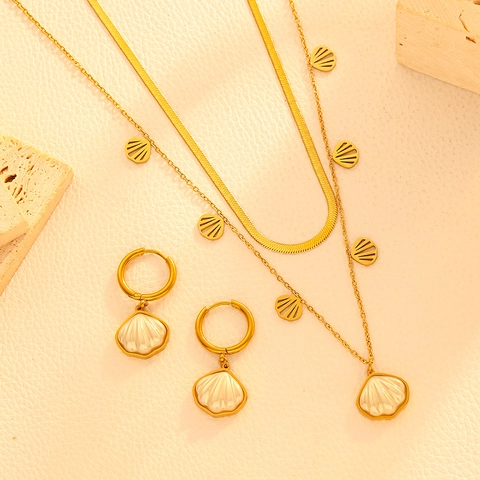 Women Fashion Stainless Steel Jewelry Set Double Layer Snake Bone Chain Shell Waterdrop Pendant Necklace Earrings Set