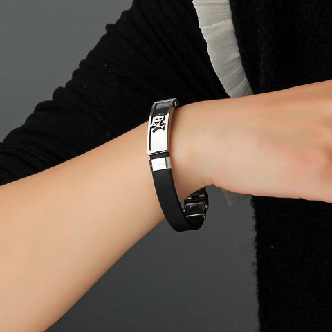 Bracelet Punk Homme Plaque Acier Inoxydable Avec Bracelet Silicone Noir Bijoux Rock Hip Hop Bangle
