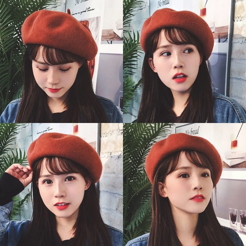Women Retro Wool Beret Hat French Artist Style Winter Warm Painter Cap Curled Edge Solid Color Elegant Fashion Headwear