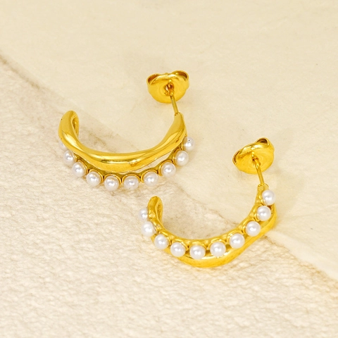 Stainless Steel 18K Gold Plated Hoop Earrings With White Artificial Pearl Geometric C Shaped Minimalist Fashion Jewelry For Women