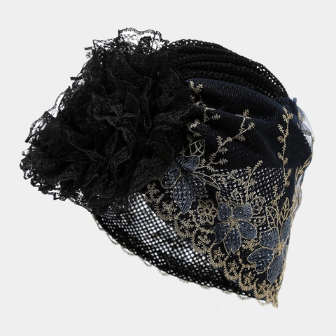 Donna Pizzo Ricamo Floreale Turbante Cappello Traspirante Mesh Beanie Vintage Fascia Capelli Moda Copertura Capelli