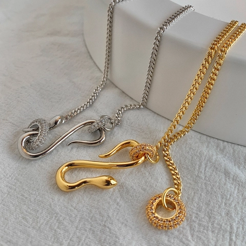Snake Pendant Necklace Copper With Micro Pave Zircon Rhinestone Minimalist Luxury Clavicle Chain For Women
